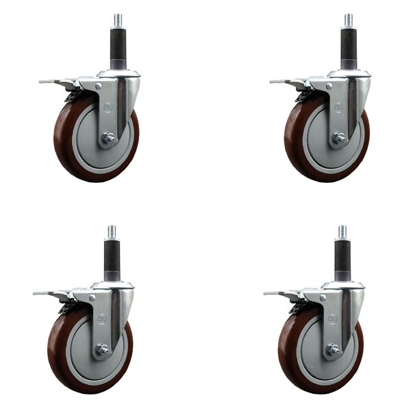 5'' Maroon Poly Swivel 1'' Expanding Stem Caster Set Total Lock Brake, 4PK